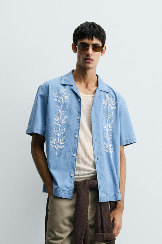 Sky Linen Embroidered Shirt